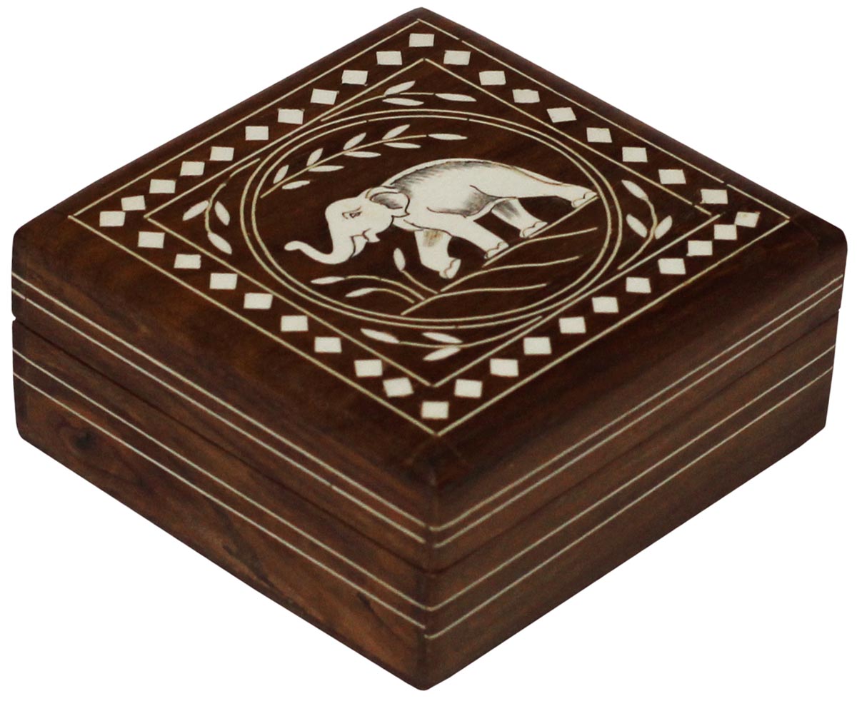 Wholesale 5” Square Shaped Wooden Jewelry Box - Bulk Buy Square Shaped Jewelry Box/Trinket Box with Intricate Elephant Motif in Acrylic Inlay Art - Jewelry Accessories from India