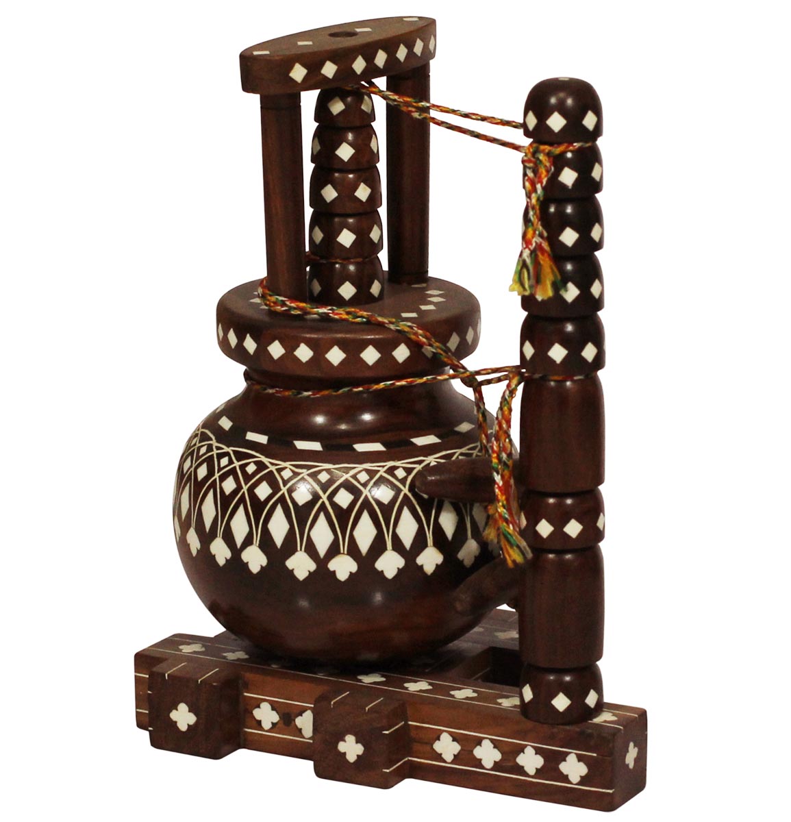 Bulk Wholesale 10” Handmade Miniature Model of an Indian Butter Churn in Wood Decorated with Traditional Motifs in Inlay Art – Decorative Items for Living / Lounge / Kitchen – Ethnic-Look Home Décor 