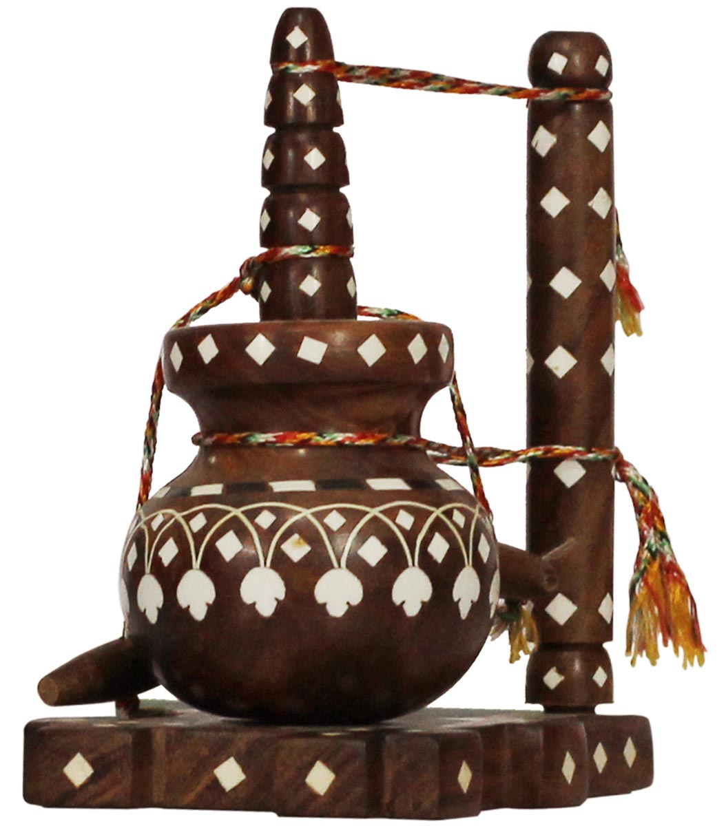 Bulk Wholesale 6.4” Handmade Miniature Model of an Indian Butter Churn in Wood Decorated with Traditional Motifs in Inlay Art – Decorative Items for Living / Lounge / Kitchen – Ethnic-Look Home Décor 