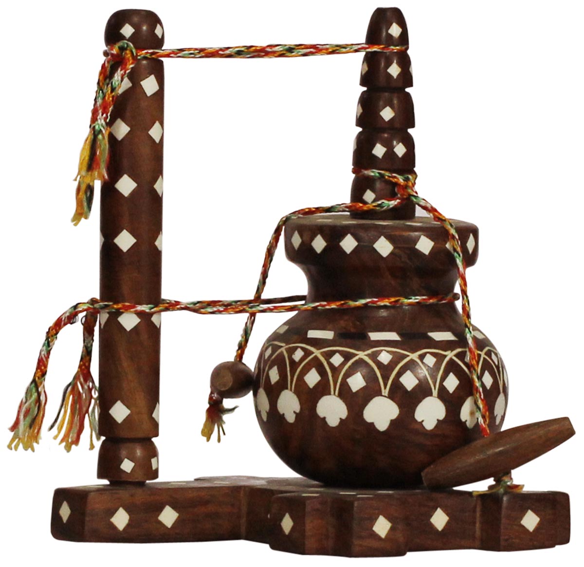 Bulk Wholesale 6.4” Handmade Miniature Model of an Indian Butter Churn in Wood Decorated with Traditional Motifs in Inlay Art – Decorative Items for Living / Lounge / Kitchen – Ethnic-Look Home Décor 