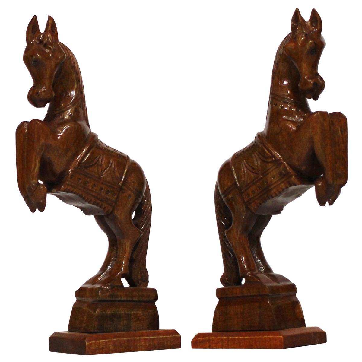 Wholesale 9” Set of 2 Wooden Galloping Horses Statues/Figurines/Sculptures - Bulk Buy Handmade Animal Statues & Sculptures from India - Interior Decorating Items/Mantel Decorations - Home & Office Decor Gifts