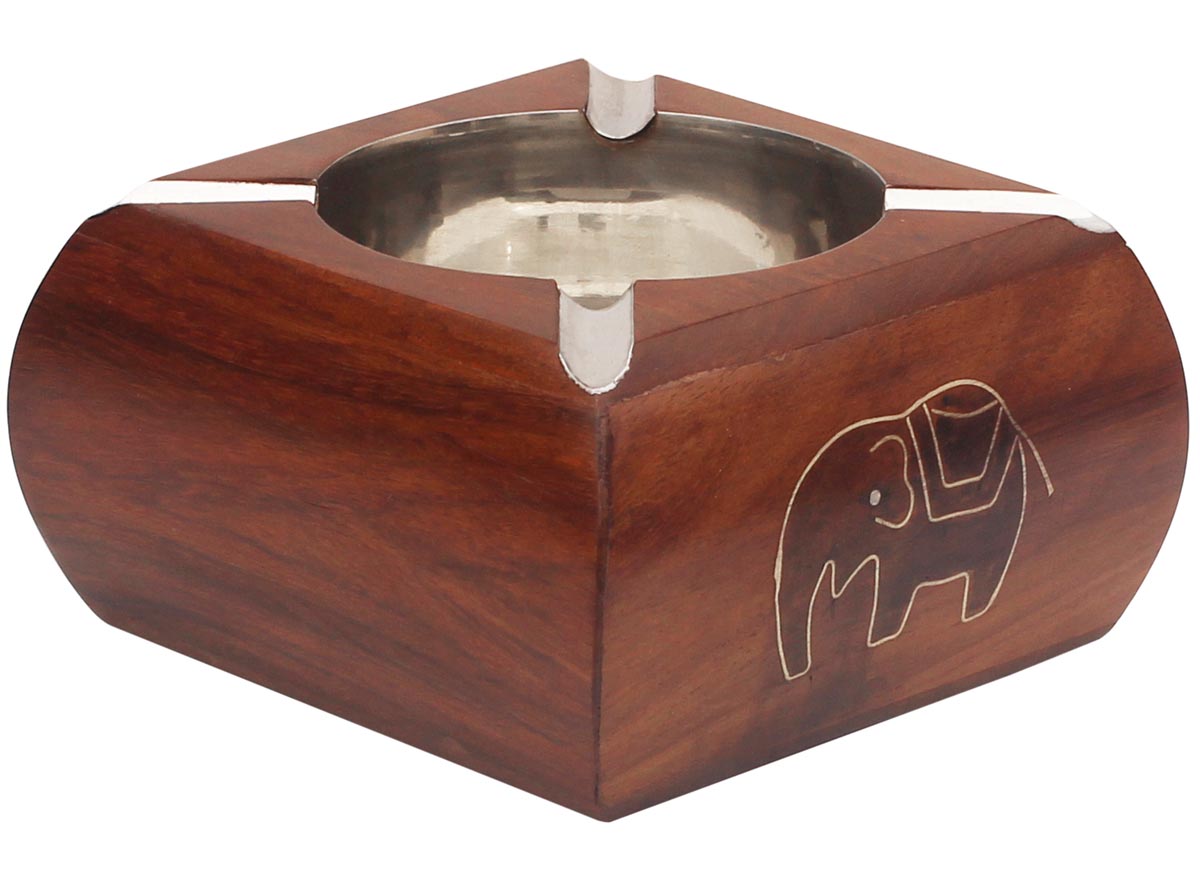 Buy in Bulk Wholesale - Wooden Ashtray with Brass Inlay Elephant Motifs - Vintage Look Square 4.5 Inch , Decorative Large Wooden Ash Tray with a Steel Receptacle Bowl, 4 Cigarette Holder Slots - Unique Handmade Smokers Gift