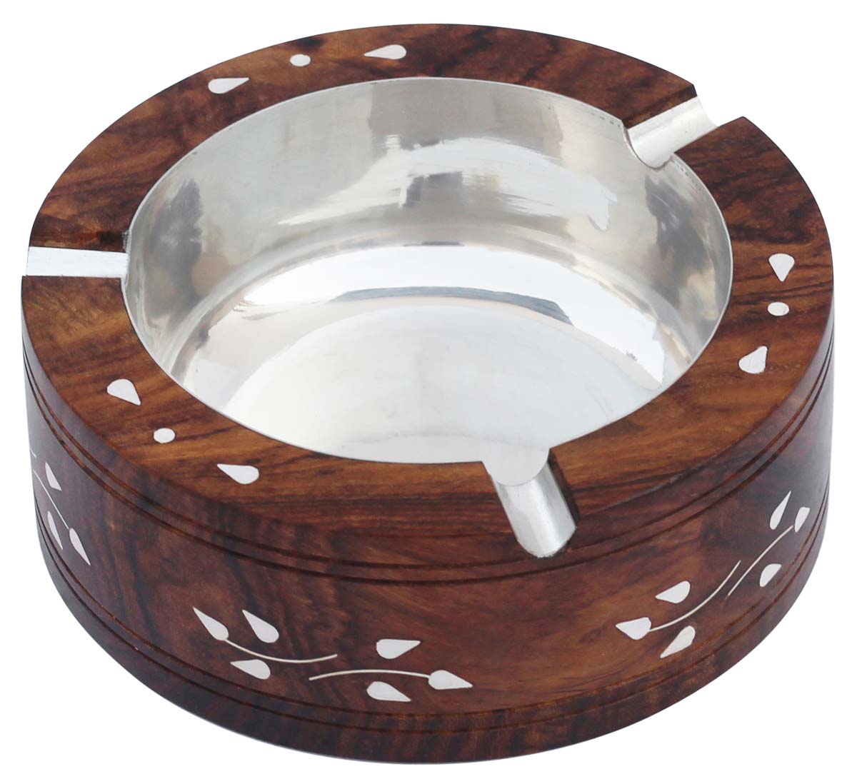 Touch Wood - Vintage Retro Look Round Wooden Ash Tray with Steel Receptacle Bowl, 3 Cigarette Holder Slots & Decorative Floral Motif Acrylic Inlay - Handmade Smokers' Gift - Buy in Bulk Wholesale