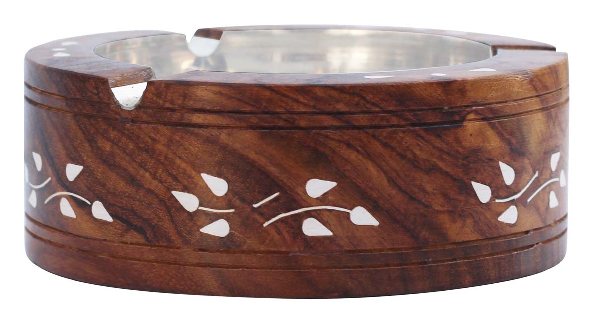 Touch Wood - Vintage Retro Look Round Wooden Ash Tray with Steel Receptacle Bowl, 3 Cigarette Holder Slots & Decorative Floral Motif Acrylic Inlay - Handmade Smokers' Gift - Buy in Bulk Wholesale