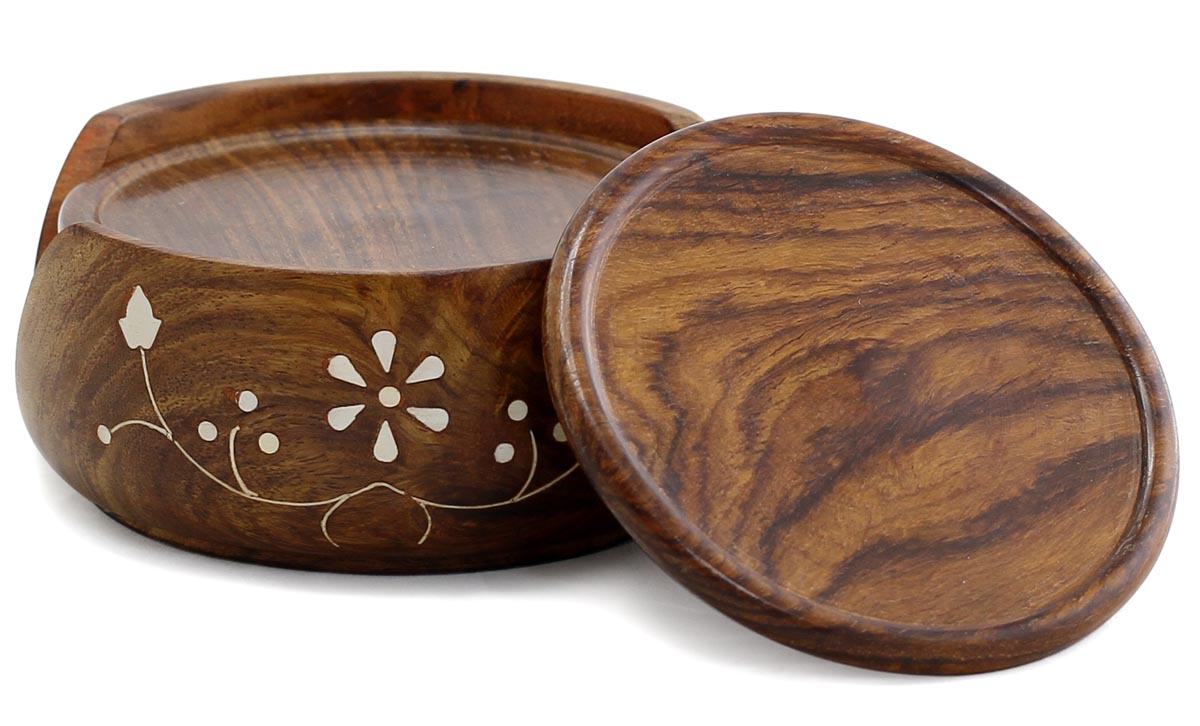 Buy in Bulk Wholesale Handmade Wooden Coasters - Set of 6 Round Table Drink Coasters with Wooden Holder - Table Top/Bar Accessories