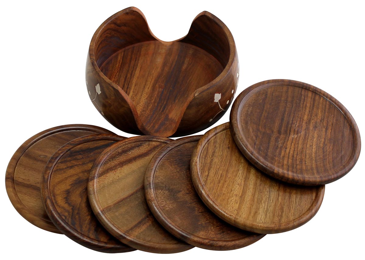 Buy in Bulk Wholesale Handmade Wooden Coasters - Set of 6 Round Table Drink Coasters with Wooden Holder - Table Top/Bar Accessories