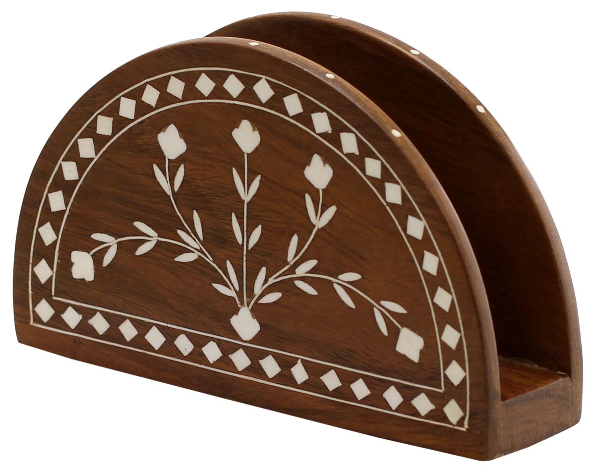 Buy in Bulk Wholesale - Wooden Napkin Holder 6.5” Handmade Decorative Floral Inlay Art - Table top/Kitchen Accessories