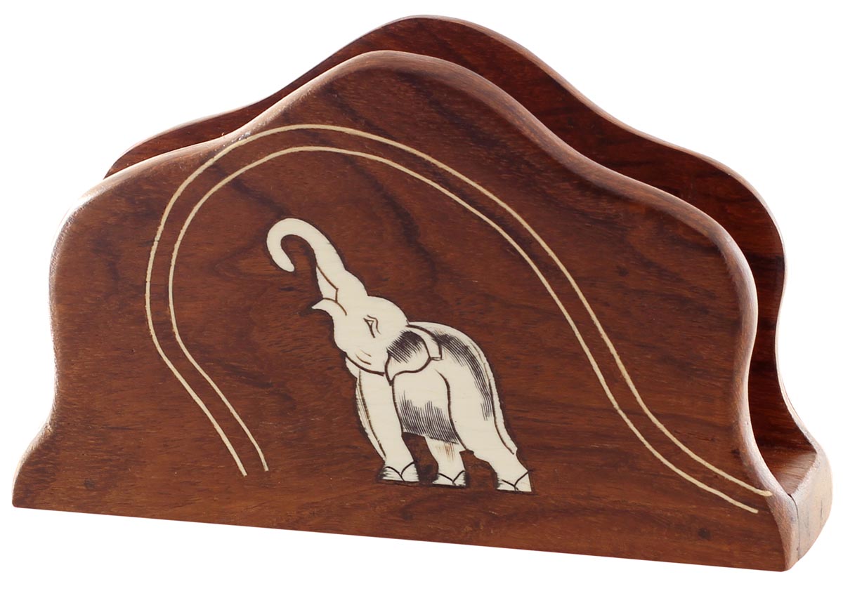 Buy in Bulk Wholesale Handmade Wooden Napkin Holder With Scalloped Edges - Decorative Elephant Motif Acrylic Inlay Art - Dining Table/Kitchen/Office Accessories