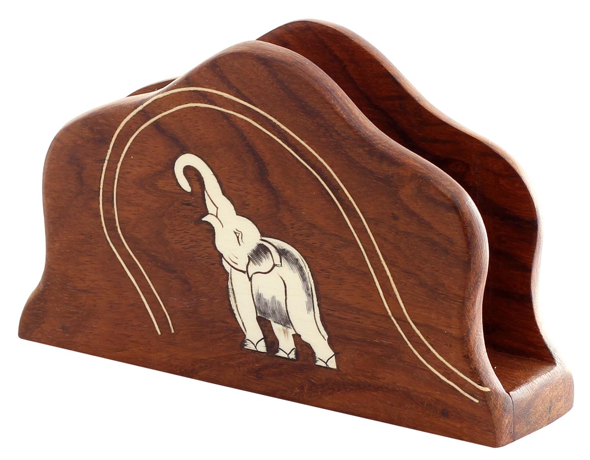 Buy in Bulk Wholesale Handmade Wooden Napkin Holder With Scalloped Edges - Decorative Elephant Motif Acrylic Inlay Art - Dining Table/Kitchen/Office Accessories