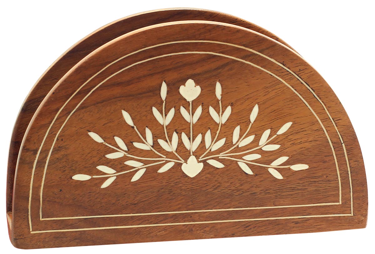 Floral Promise - 6.5” Handmade Wooden Napkin Holder - Decorative Floral Inlay Art - Table top/Kitchen Accessories - Buy in Bulk Wholesale