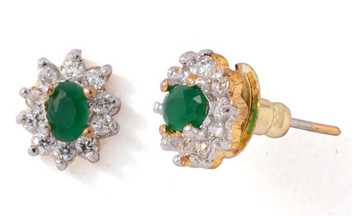 American Diamond Studded Earring Set – Faux Emerald Stone – Floral Motif – Fashion Accessories – Ethnic Jewelry – Gifts from India