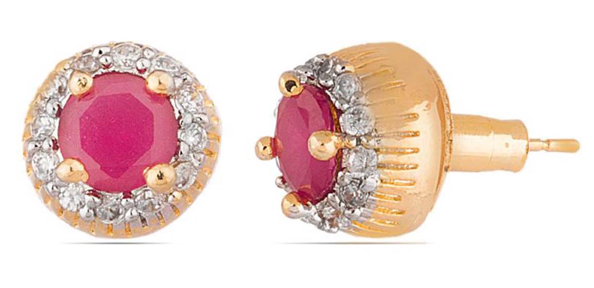Round Shaped American Diamond Stud Earrings – Faux Ruby Stone – Fashion Accessories – Ethnic Jewelry – Gifts from India