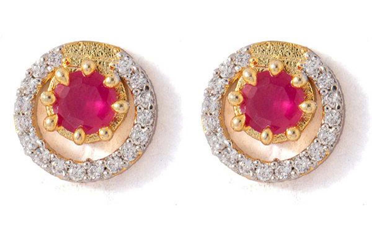 Round Shaped American Diamond Stud Earrings – Faux Ruby Stone – Crescent Shape Cut-Out – Fashion Accessories – Ethnic Jewelry – Gifts from India