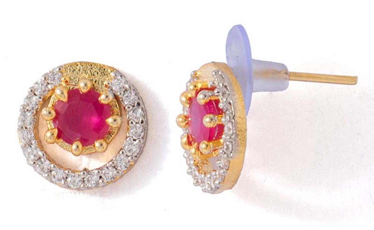 Round Shaped American Diamond Stud Earrings – Faux Ruby Stone – Crescent Shape Cut-Out – Fashion Accessories – Ethnic Jewelry – Gifts from India