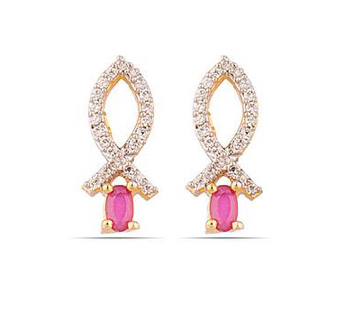 Pair of Stud Earrings – Fish Motifs – American Diamonds & Faux Ruby Stone – Fashion Accessories – Stylish / Ethnic Jewelry – Gifts from India