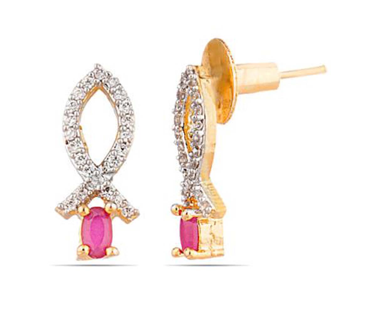 Pair of Stud Earrings – Fish Motifs – American Diamonds & Faux Ruby Stone – Fashion Accessories – Stylish / Ethnic Jewelry – Gifts from India