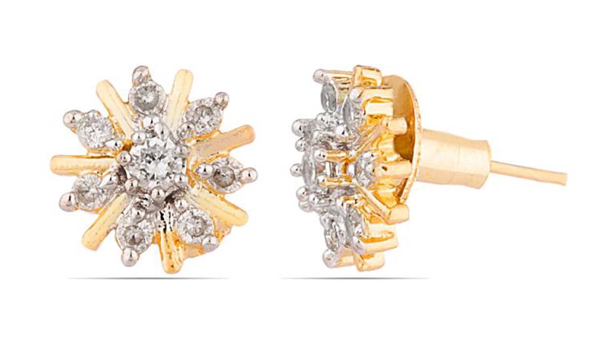 Pair of Stud Earrings – Sun Motif – American Diamonds – Fashion Accessories – Stylish / Ethnic Jewelry – Gifts from India