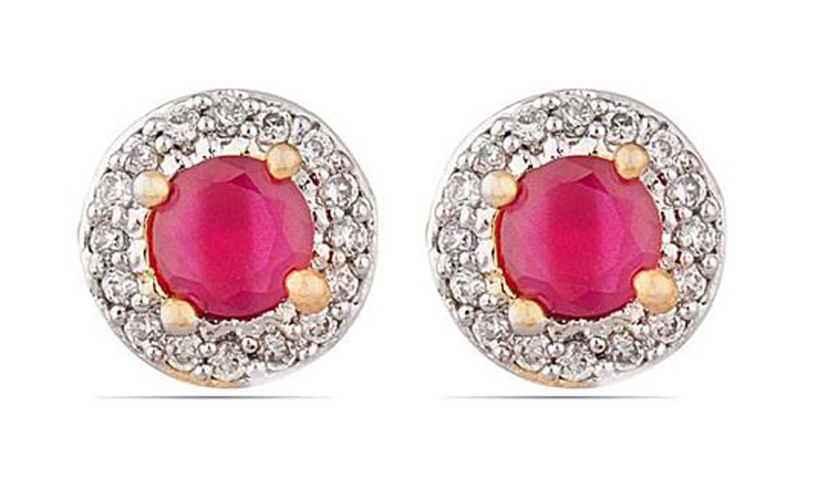 Pair of Stud Earrings – Round Shaped – American Diamonds & Faux Ruby Stone – Fashion Accessories – Stylish / Ethnic Jewelry – Gifts from India