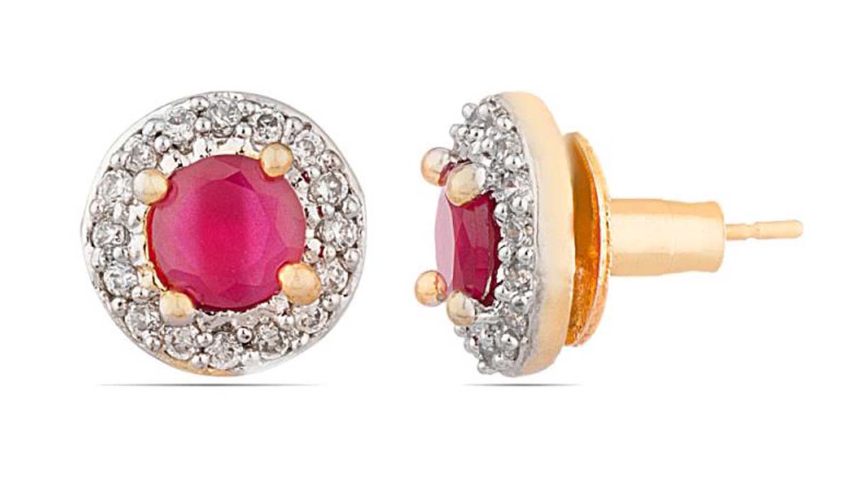 Pair of Stud Earrings – Round Shaped – American Diamonds & Faux Ruby Stone – Fashion Accessories – Stylish / Ethnic Jewelry – Gifts from India