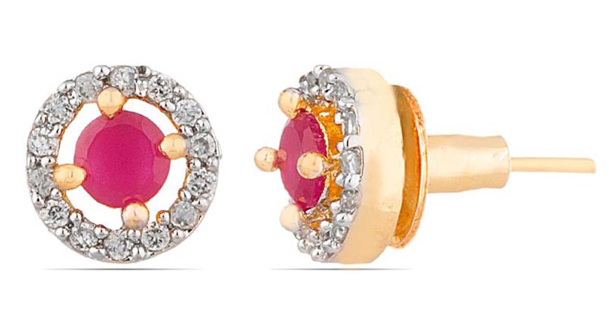 Set of 2 Stud Earrings – American Diamonds & Faux Ruby Stone – Unique Tops Earrings – Fashion Accessories – Stylish / Ethnic Jewelry – Gifts from India