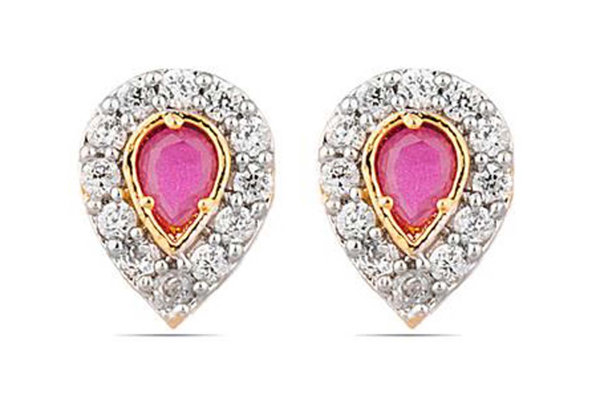 Inverted Teardrop Shaped – Stud Earrings Set – American Diamonds & Faux Ruby Stone – Fashion Accessories – Stylish / Ethnic Jewelry – Gifts from India