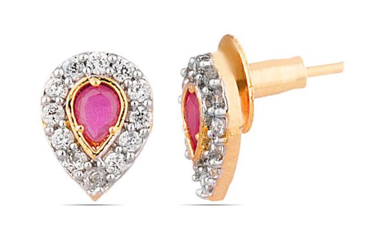 Inverted Teardrop Shaped – Stud Earrings Set – American Diamonds & Faux Ruby Stone – Fashion Accessories – Stylish / Ethnic Jewelry – Gifts from India