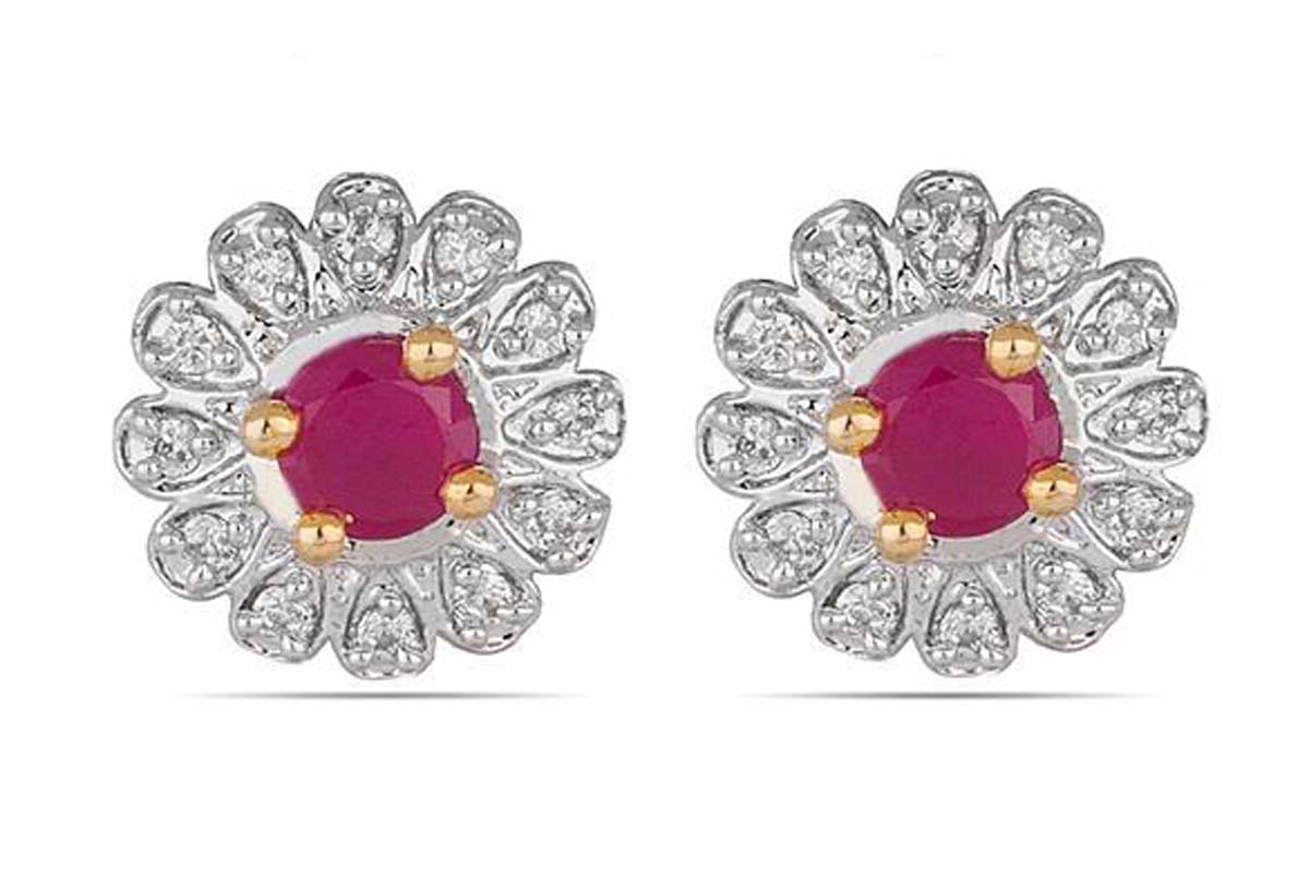 Stud Earrings Set – American Diamonds & Faux Ruby Stone – Sunflower Motif – Unique Tops Earrings – Fashion Accessories – Jewelry Collection