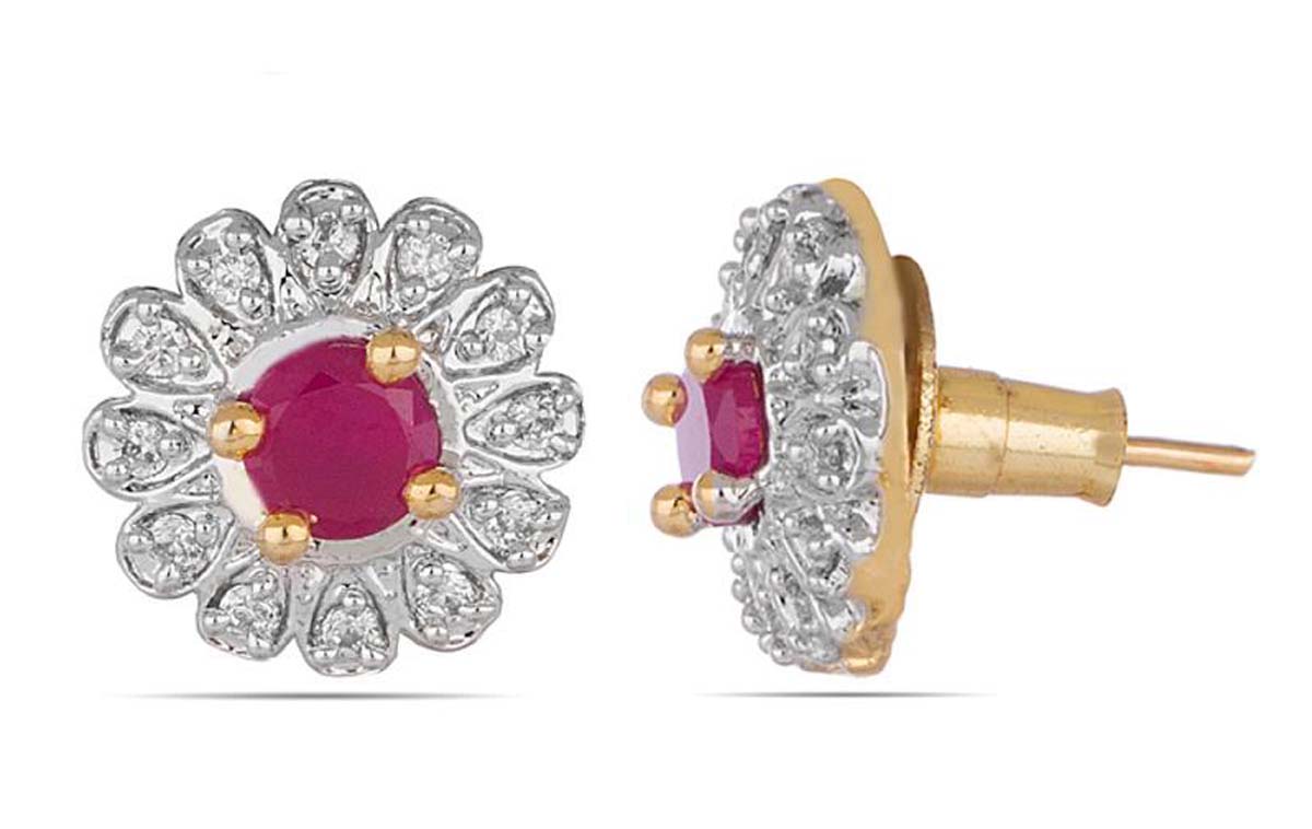 Stud Earrings Set – American Diamonds & Faux Ruby Stone – Sunflower Motif – Unique Tops Earrings – Fashion Accessories – Jewelry Collection