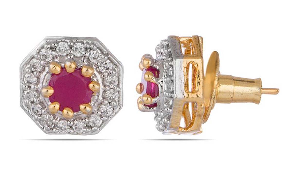 Stud Earrings Set – Octagon Shaped – American Diamonds & Faux Ruby Stone – Exclusive Ear Jewelry Collection – Fashion Accessories
