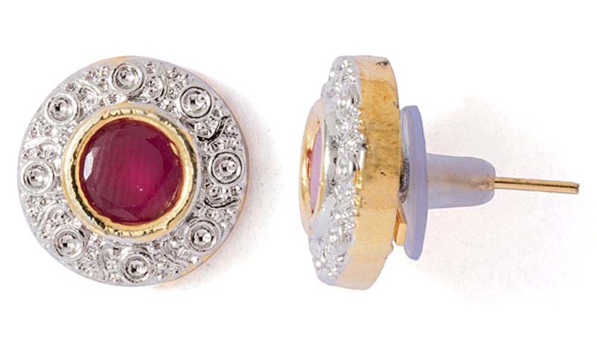 Stud Earrings Set – Round Shaped – American Diamonds & Faux Ruby Stone – Exclusive Ear Jewelry Collection – Fashion Accessories
