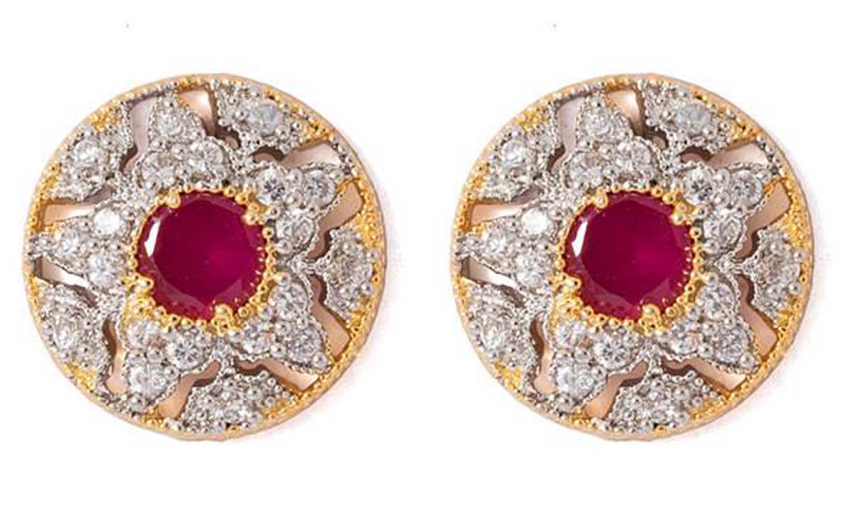 Stud Earrings Set – Round Shaped – Intricate Pattern – American Diamonds & Faux Ruby Stone – Exclusive Ear Jewelry Collection – Fashion Accessories