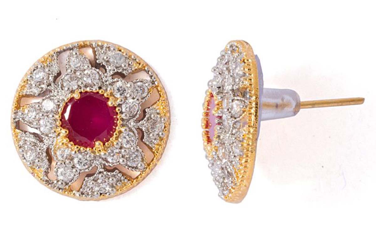 Stud Earrings Set – Round Shaped – Intricate Pattern – American Diamonds & Faux Ruby Stone – Exclusive Ear Jewelry Collection – Fashion Accessories
