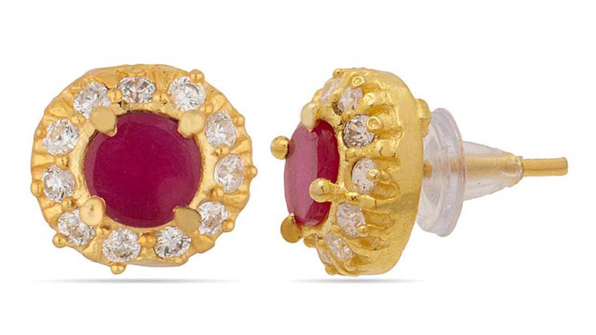Stud Earrings Set – Round Shaped – American Diamonds & Faux Ruby Stone – Exclusive Ear Jewelry Collection – Fashion Accessories