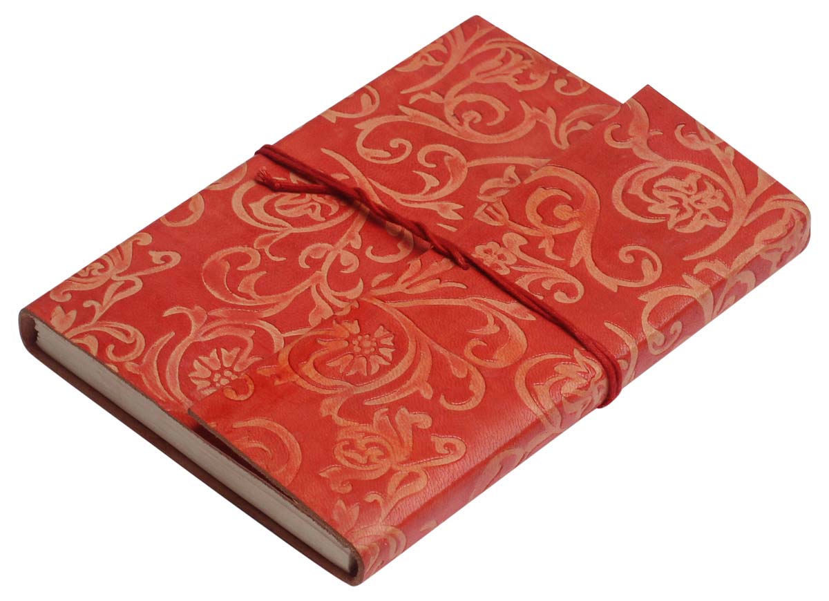Buy in Bulk Wholesale Recycled Leather Journal with Handmade Paper - 7” Maroon Diary with Floral Motifs - Ethnic-Look Notebooks/Sketchbooks/Gifts from India