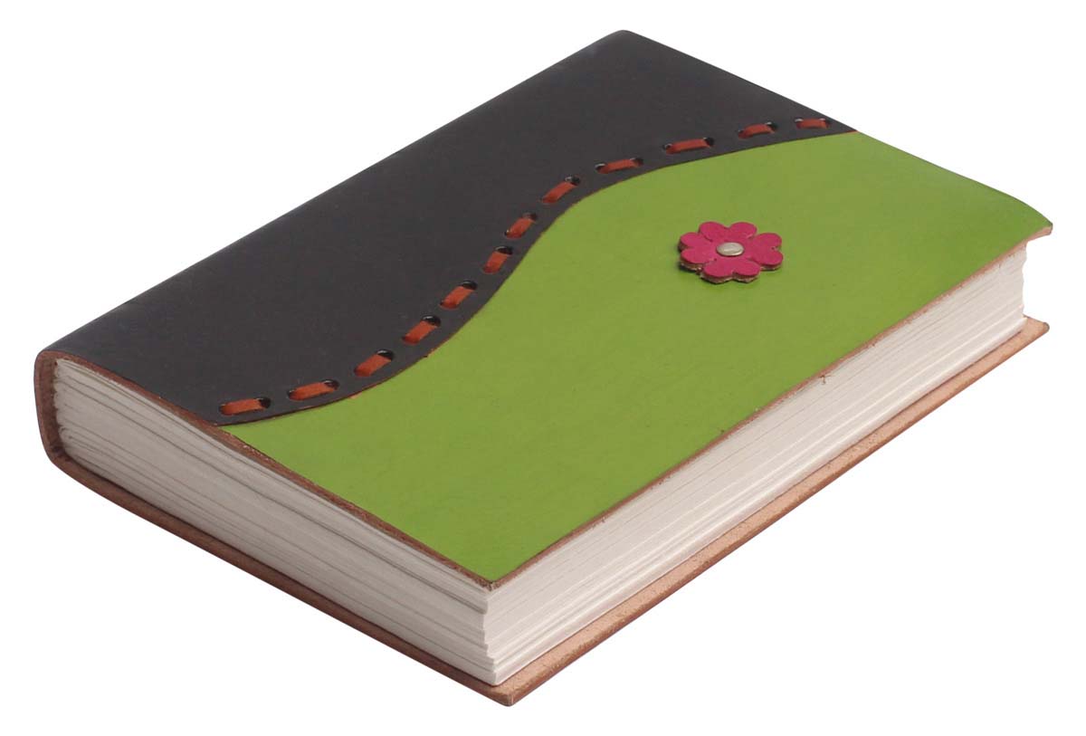 Buy in Bulk Wholesale Recycled Leather Journal with Handmade Paper - 7” Black & Green Diary with Pink Flower - Ethnic-Look Notebooks/Sketchbooks/Gifts from India