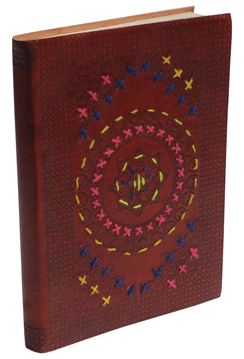 Buy in Bulk Wholesale Leather Journal with Handmade Paper - 7” Maroon Diary with Handstitch Work - Handcrafted Ethnic-Look Notebooks/Sketchbooks/Gifts from India