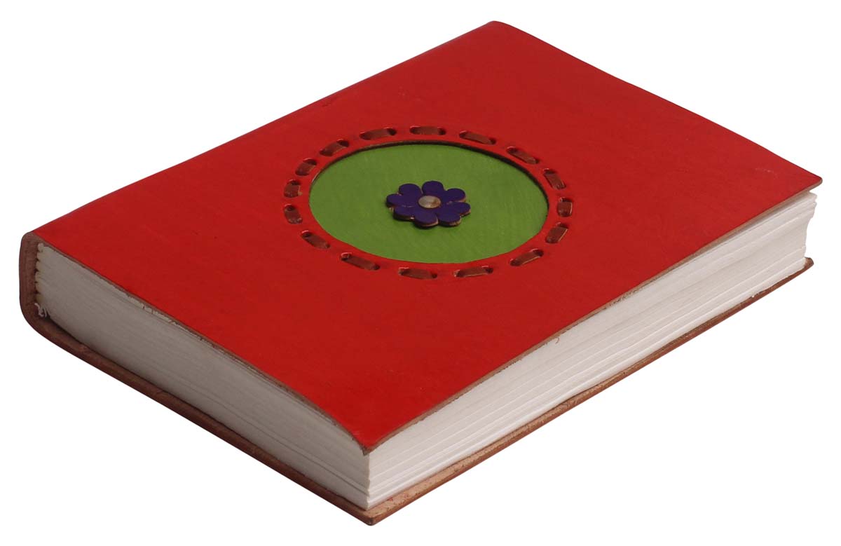 Buy in Bulk Wholesale Leather Journal with Handmade Paper - 9” Handcrafted Red & Green Diary with Blue Flower - Ethnic-Look Notebooks/Sketchbooks/Gifts from India