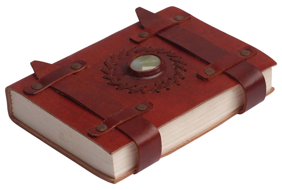 Buy in Bulk Wholesale Handcrafted Leather Journal with Handmade Paper - 7” Maroon Diary with Stone - Rustic-Look Notebooks/Sketchbooks/Gifts from India
