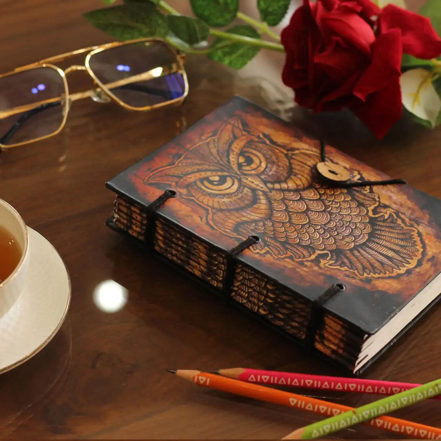 ArtistryBazaar Owl Journal Perfect Christmas Gfts for Women Men , 7Inch Handmade Journal, Antique Notebook, Vintage Sketchbook with Handmade Paper