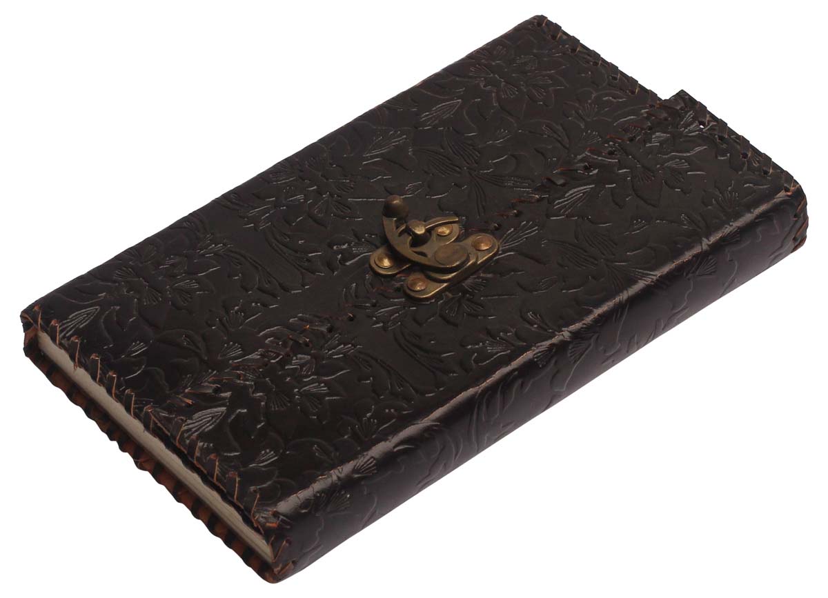 Buy in Bulk Wholesale Handcrafted Black Leather Journal with Embossing and a Metal Clasp - 9” Diary with Handmade Papers - Rustic-Look Sketchbooks/Gifts from India