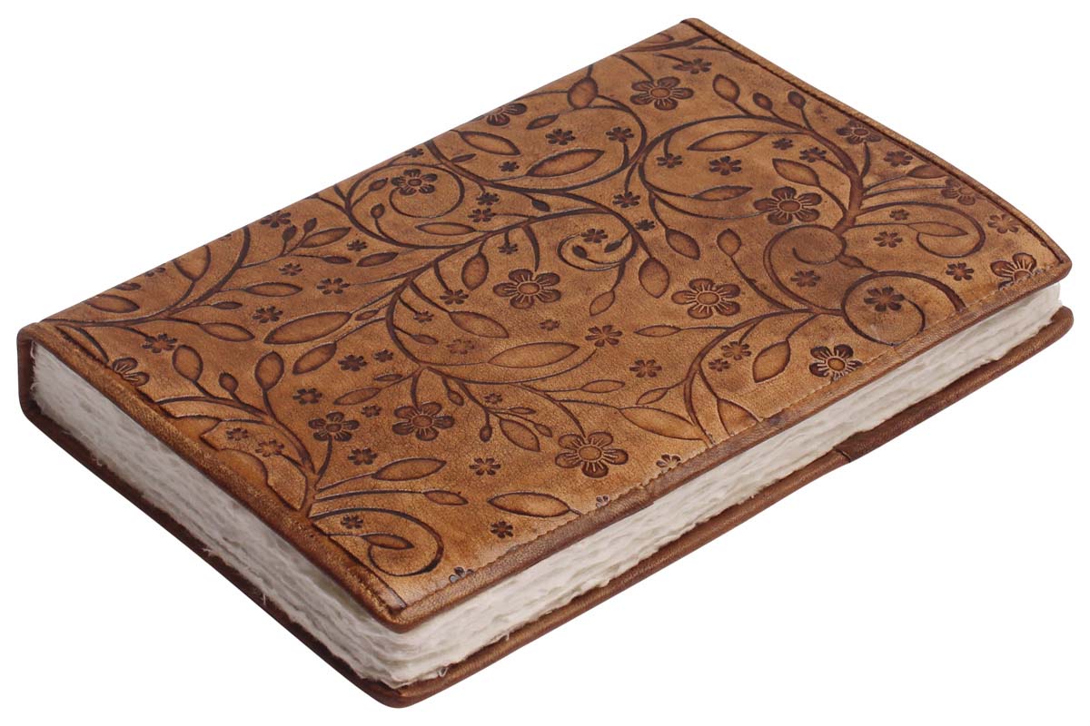 Buy in Bulk Wholesale Leather Journal with Floral Motif Embossing Handcrafted in Tan-Brown - 9” Diary with Handmade Papers - Rustic-Look Sketchbooks/Gifts from India