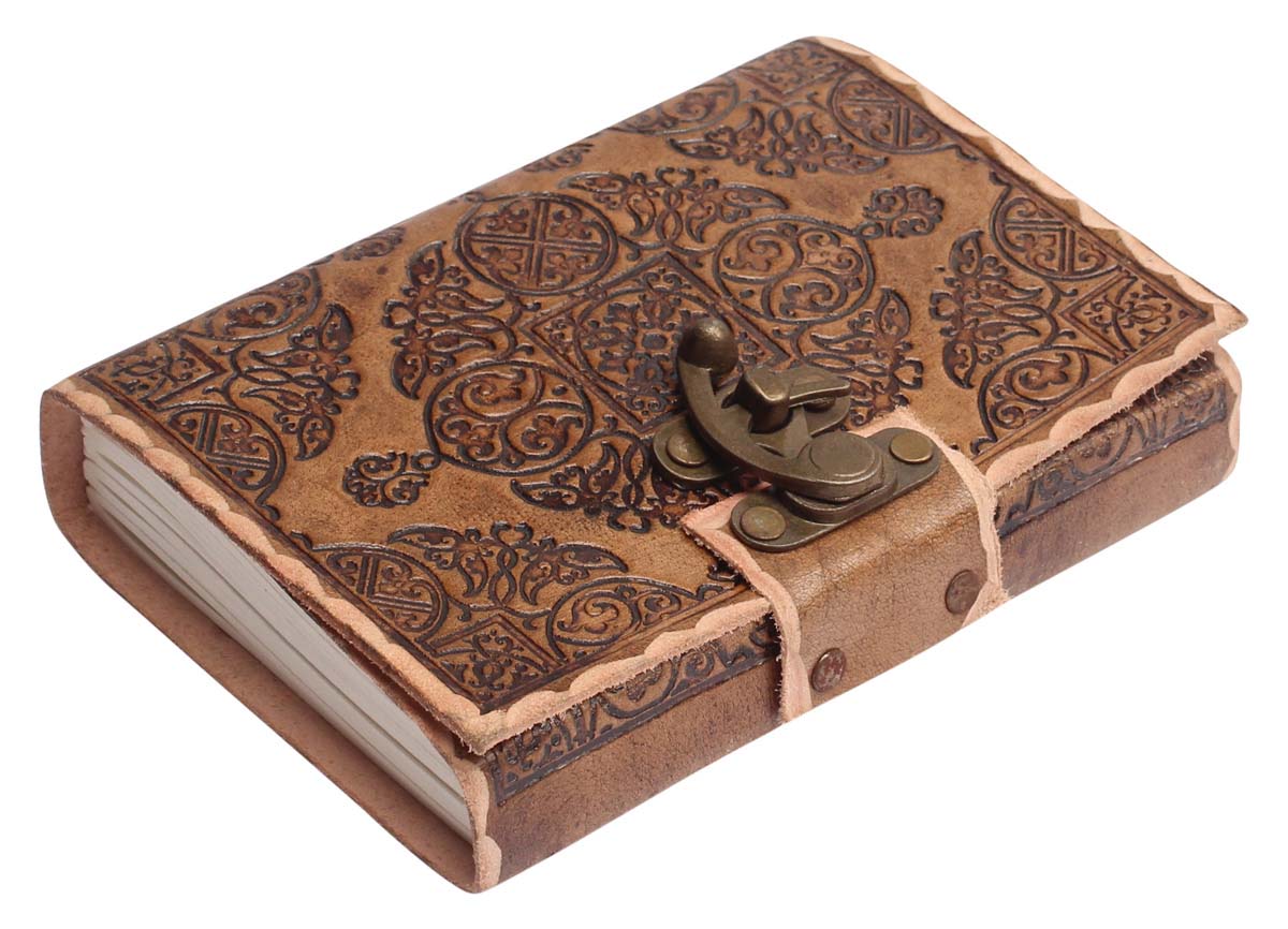 Buy in Bulk Wholesale Leather Journal with Embossing and a Metal Clasp Handcrafted Tan-Brown - 6” Diary with Handmade Papers - Rustic-Look Sketchbooks/Gifts from India