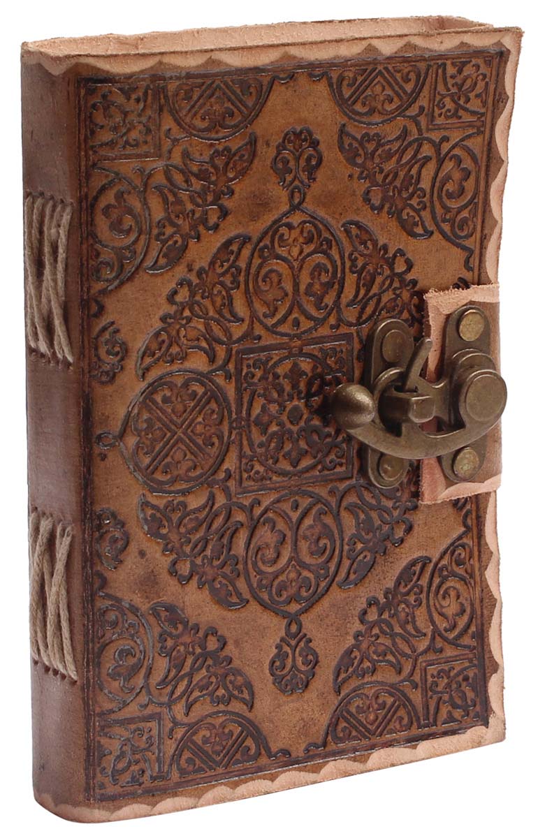 Buy in Bulk Wholesale Leather Journal with Embossing and a Metal Clasp Handcrafted Tan-Brown - 6” Diary with Handmade Papers - Rustic-Look Sketchbooks/Gifts from India