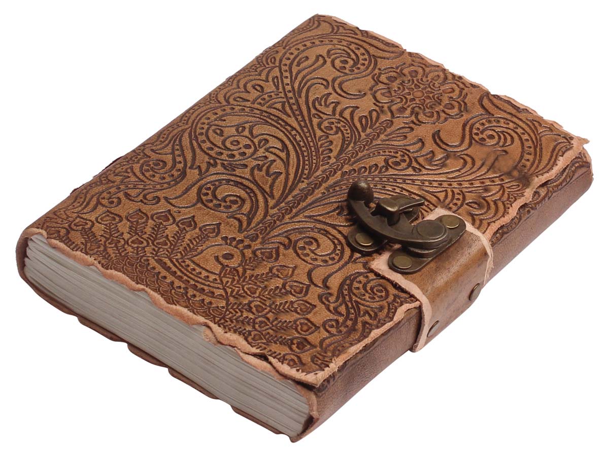 Buy in Bulk Wholesale Tan-Brown Leather Journal with Embossing and a Metal Clasp - Handcrafted 7” Diary with Handmade Papers - Rustic-Look Sketchbooks/Gifts from India
