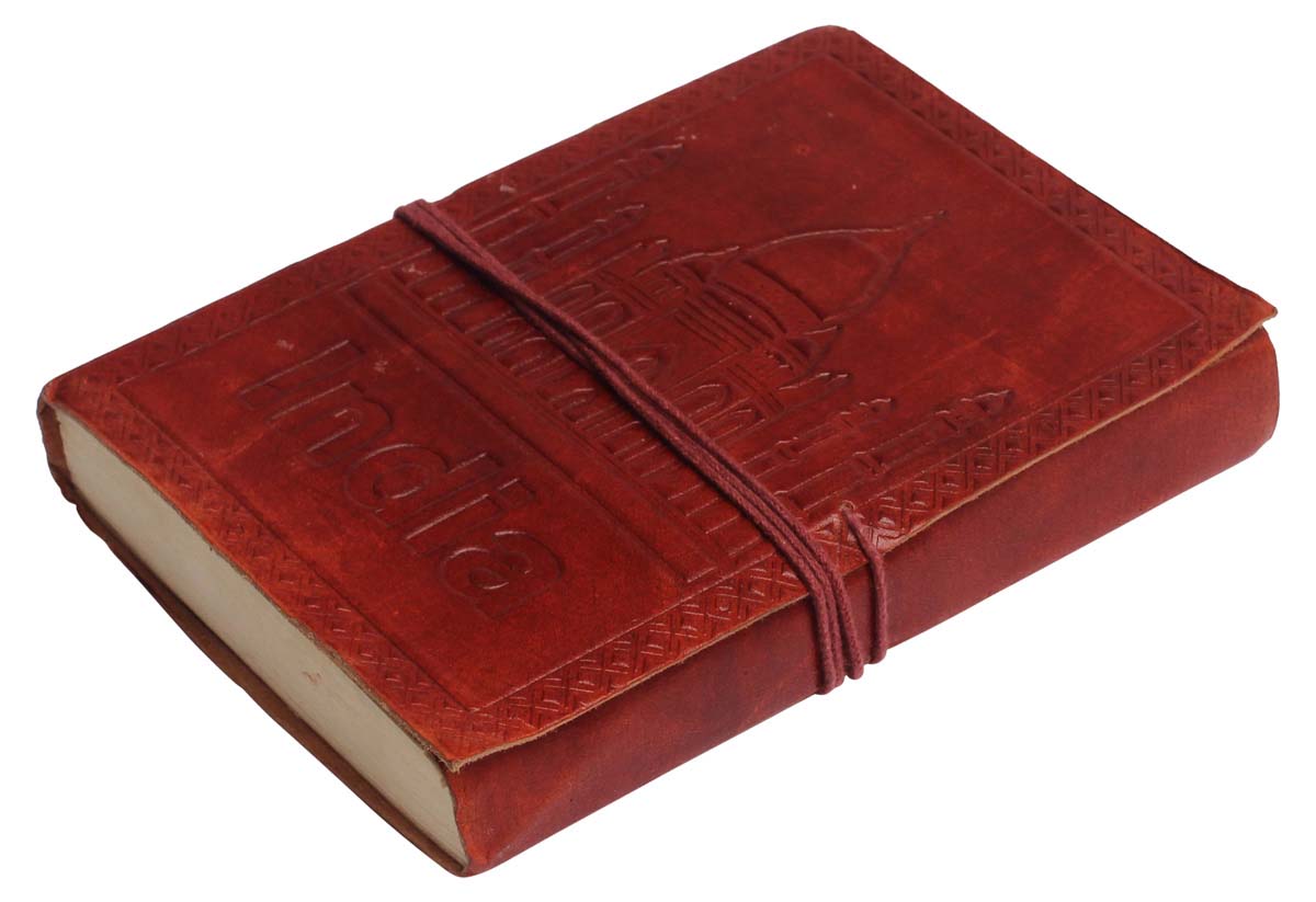 Buy in Bulk Wholesale Leather Journal with Handmade Paper - Handcrafted 7” Maroon Diary with Embossing of Taj Mahal - Distressed-Look Notebooks/Sketchbooks/Gifts from India
