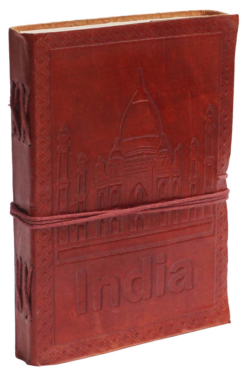 Buy in Bulk Wholesale Leather Journal with Handmade Paper - Handcrafted 7” Maroon Diary with Embossing of Taj Mahal - Distressed-Look Notebooks/Sketchbooks/Gifts from India