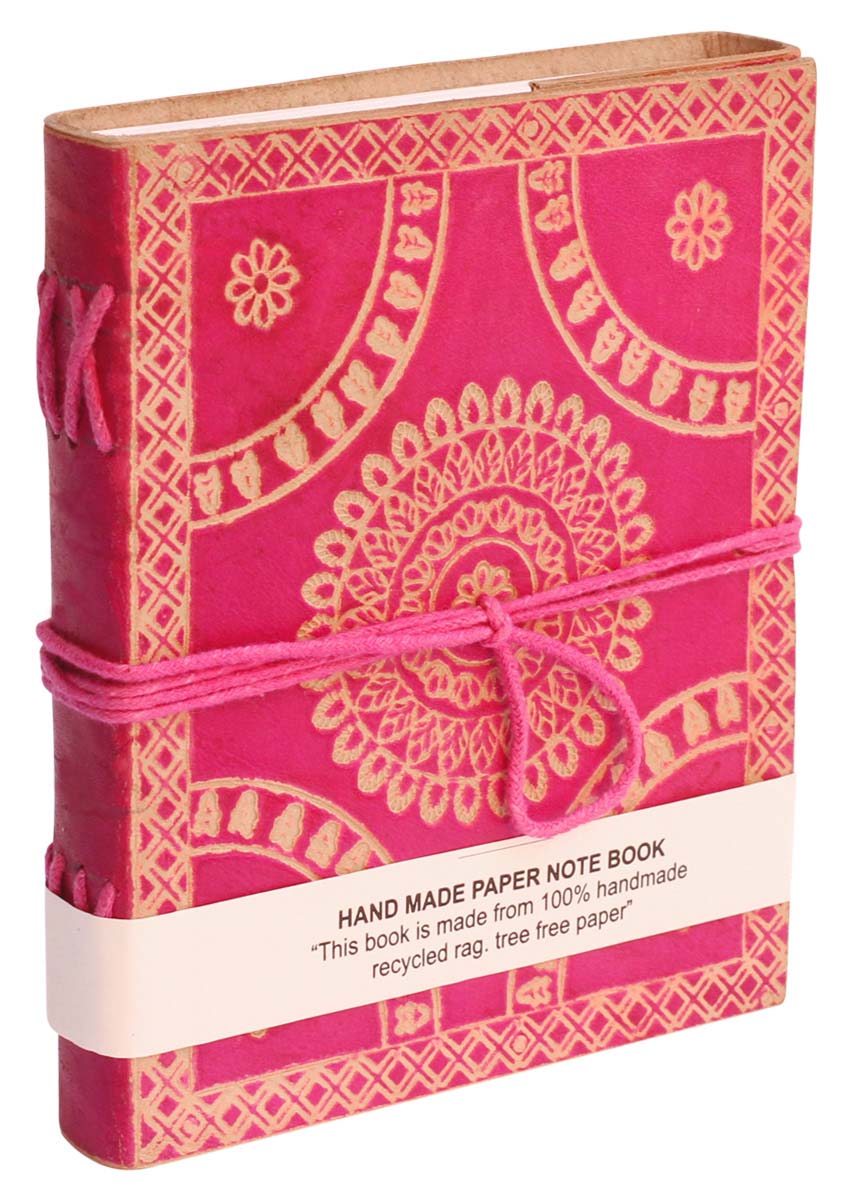 Buy in Bulk Wholesale Recycled Pink Leather Journal with Handmade Paper - 6” Diary with Traditional-Look Motifs - Ethnic-Look Notebooks/Sketchbooks/Gifts from India