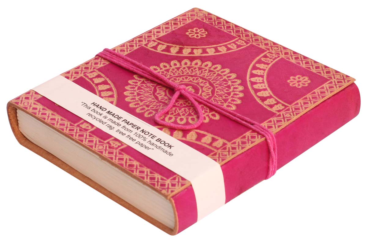Buy in Bulk Wholesale Recycled Pink Leather Journal with Handmade Paper - 6” Diary with Traditional-Look Motifs - Ethnic-Look Notebooks/Sketchbooks/Gifts from India