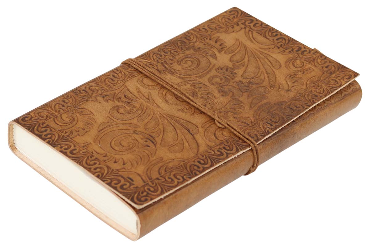Genuine Handmade Leather Journal / Personal Notebook in Antiqued Golden-Brown - Floral Motif Embossed Leather - Travel Diaries & Gift Ideas - Buy in Bulk Wholesale