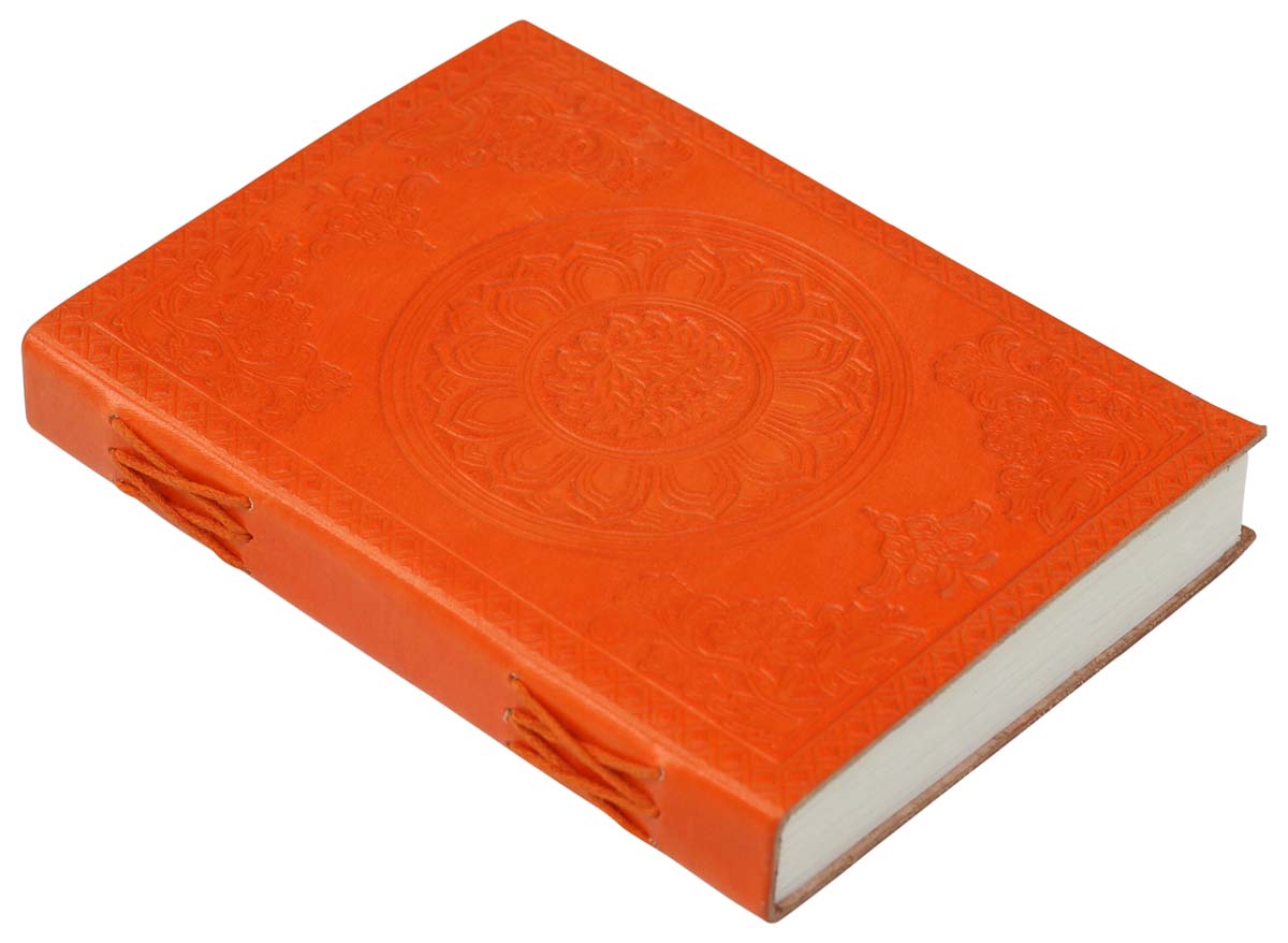 Genuine Handmade Leather Journal / Personal Notebook in Tangerine - Floral Chakra Embossed Leather - Travel Diaries & Gift Ideas - Buy in Bulk Wholesale